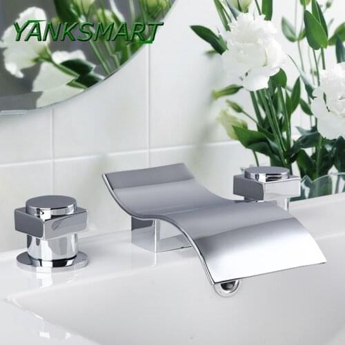 YANKSMART Waterfall Spout Bathroom Faucet Double Handle 3 Holes Vanity Sink Mixer Tap Deck Mounted Polish Chrome Set