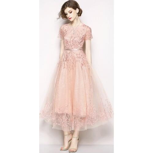 SMTHMA 2021 New Fashion Summer Elegant Shiny Flower Embroidery Party Dresses Women Short Sleeve O-Neck Mesh Long Dresses