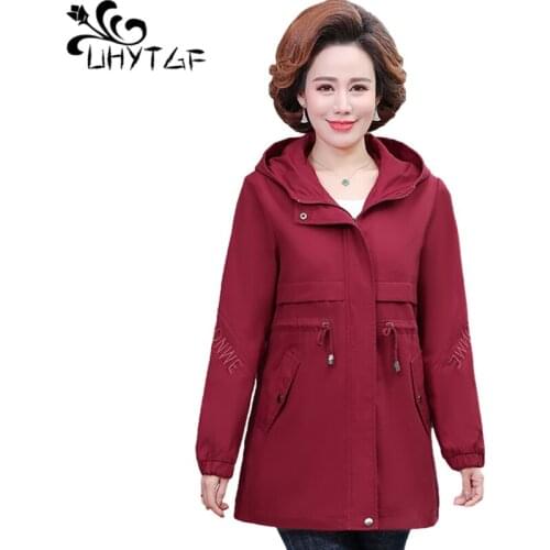UHYTGF Women coats Fashion hooded spring autumn trench coat zipper Lace up loose 5XL plus size coat casual Windbreaker women 589