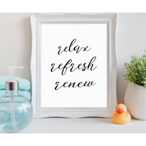 Bathroom Modern Decor Wall Art Print - Relax Refresh Renew Quote Canvas Painting , Spa Beauty Salon Bathroom Poster Wall Decor