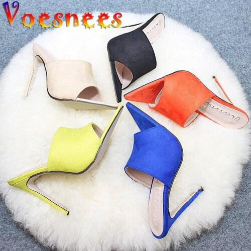 Voesnees 2021 Summer Slipper High Heels 10 CM Sexy Suede Thin Heel Pointed Open-toe Women Shoes Sandals Outdoor Party Slipper