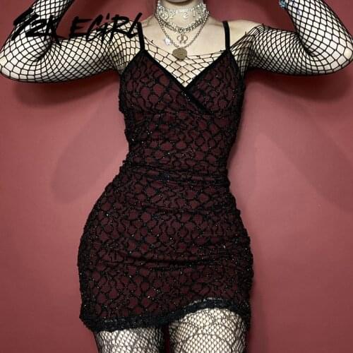 Y2K EGIRL Sexy E-girl Fashion Backless Glitter Fishnet Mesh Dress Y2K Aesthetics V-neck Bodycon Sleeveless Cami Dress Partywear