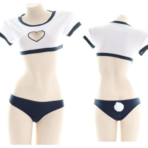Japanese Women Gymnastic Suit Love Open Chest Rabbit Tail JK Sukumizu Sexy Lolita Private Pajamas 2Pcs Summer Underwear Set