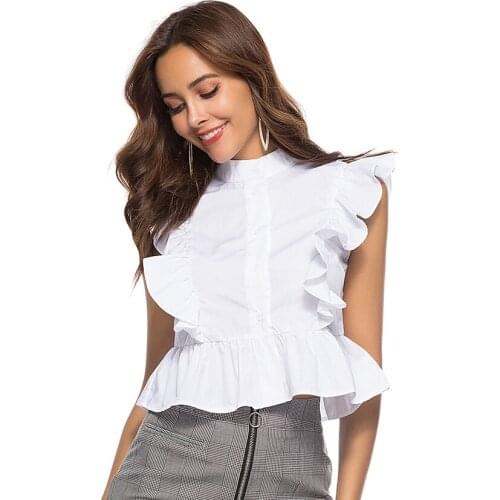2018 New Summer Sleeveless White Tunic Blouses Women Ruffled Crop Tops Female Short Shirts Ladies Office Chemise Femme Fashion