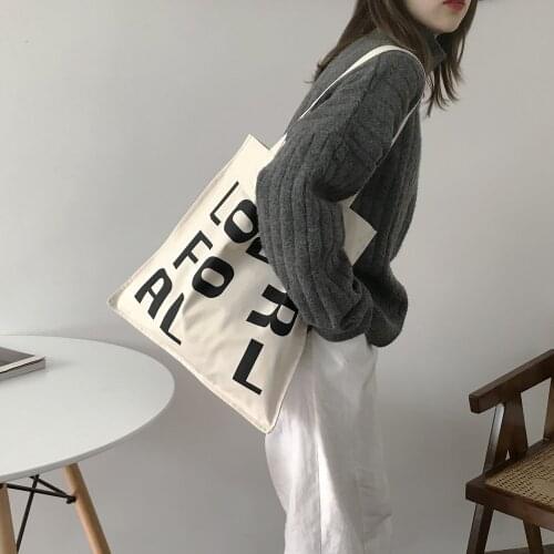 Women Canvas Shoulder Bags “LOVE FOR ALL” Letter Printing Totes Female Casual Handbags Cotton Cloth Large Shopping School Bag