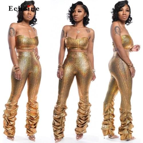 Women Sexy 2 Pcs Set Charm Gold Snake Print Strapless Sleeveless Crop Tops Suits Chic Lady Pleated Long Pants Night Club Clothes