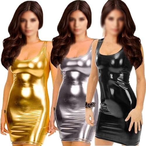 Womens Synthetic Leather Metallic Clubwear Mini Dress Silver