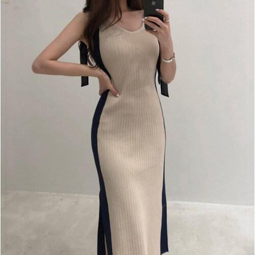 One Piece V-Neck Dress A-Line Open-Back Patchwork Casual Knitted Temperament 2021 Women Sleeveless Vintage Mid-Calf Summer Dress
