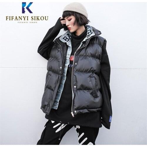 Winter Jacket Vest Women Denim Splice Sleeveless Jackets Fashion Cotton Vest Coat Female Loose Thick Warm Waistcoat Outerwear