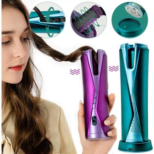 Cordless Automatic Hair Curler Electric Ceramic Curling Iron Machine USB Rechargeable Curls Waves LCD Display Rotate Wave Styler