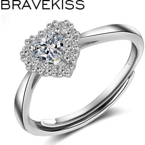 BRAVEKISS 925 Sterling Silver Sparkling Promise Rings Clear CZ Heart Shape Engagement Open Ring For Women Fashion Jewelry PR0216