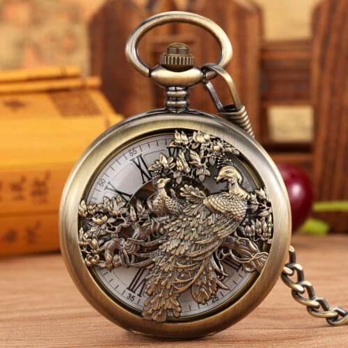 Hollow Phoenix Design Manual Mechanical Bronze Pocket Watch Female White Digital Dial Portable Chain Pendant Clock Mens Gift
