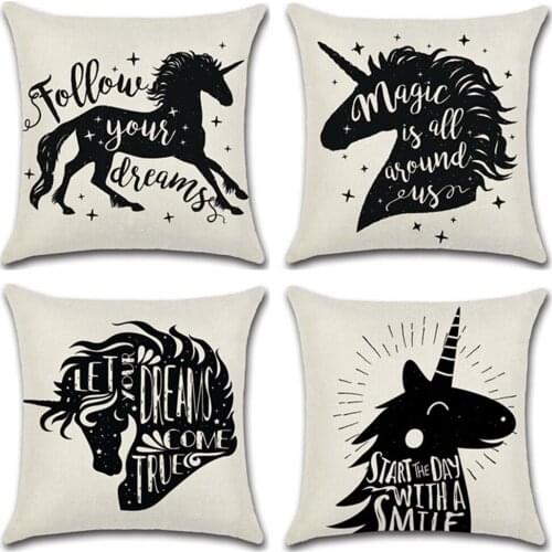 Black and White Unicorn Cushion Cover Creative Unicorn Cotton Linen Throw Pillow Case For Sofa Unicorn Decor Pillowcase Cover