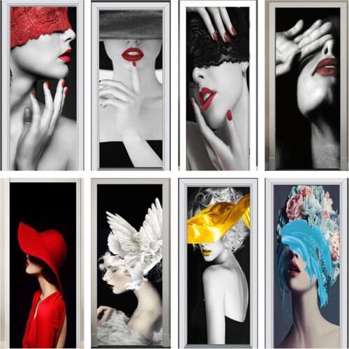 Black Fashion Lady Poster Red Lips Makeup Print Door Sticker Art Painting Stick Wall Picture Modern Girl Powder Room Home Decor