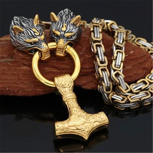 New stainless steel nordic wolf head two-color square buckle chain Thors hammer color matching domineering mens necklace