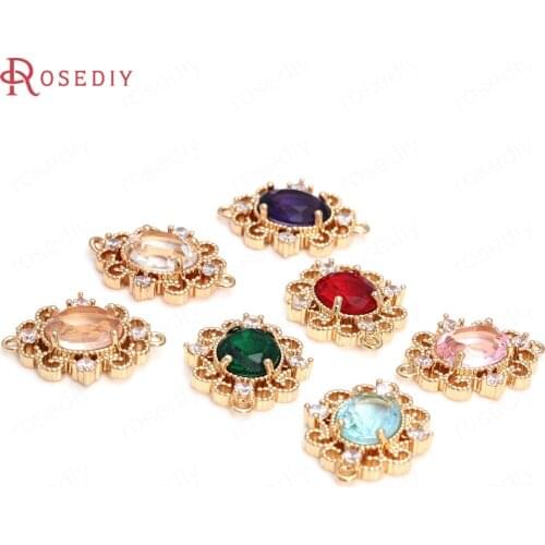 6PCS 17x22MM 24K Champagne Gold Color Brass and Zircon and Glass Oval Shape Connect Charms Pendants Diy Jewelry Making Supplies