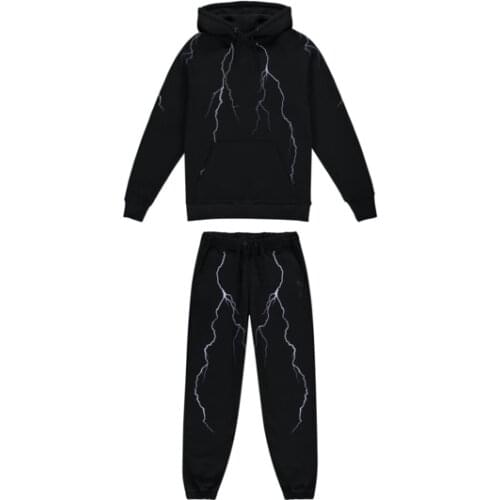 Custom Fabric Printing Fashion French terry Lightning Pattern Hoodies for Men Mens Sweatsuits Set