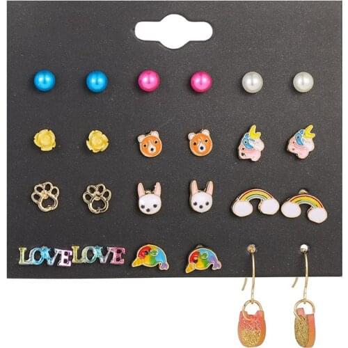 Fashion Jewelry 12 Pair Earrings Women Girl Korean Cute Set LOVE Rainbow Cat Footprints Earrings ins Accessories Wholesale