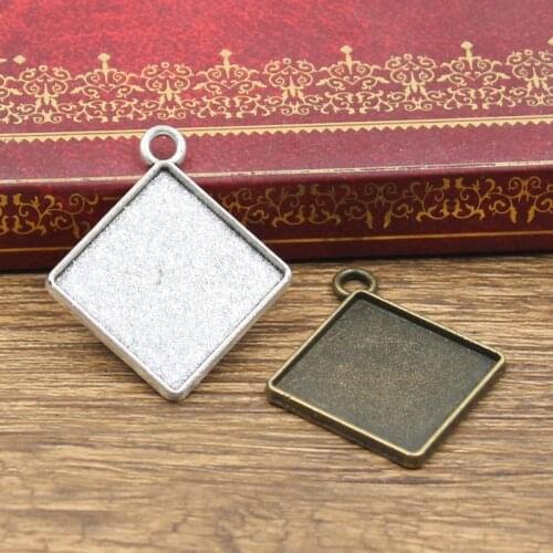 6pcs New 20mm Inner Size Antique Bronze Silver Color Square Simple Diamond Style Cabochon Base Setting Charms Pendant