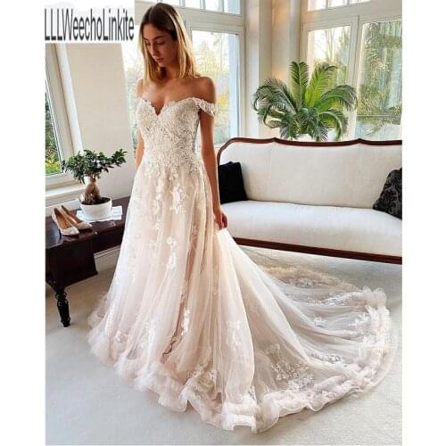 Luxurious Ivory Lace Tulle Off The Shoulder A-Line Wedding Dresses Chapel Train Floor-Length Custom Made