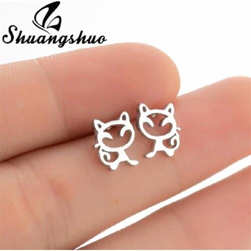 Shuangshuo 2021 Trend Small Cartoon Animal Stud Earrings Lovely Cat Stainless Steel Earrings for Women Kids Birthday Gift