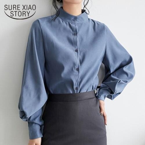 Loose Women Tops and Blouses 2021 Autumn Winter Female Long Sleeve Top Vintage Lantern Sleeve Shirt Stand Collar Clothing 6593