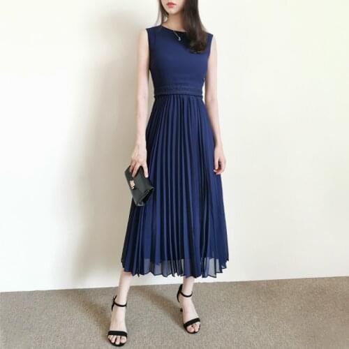 Navy Blue Lace Embroidery Waist Sleeveless Pleated Midi Dress UK 6-UK16 Original UK Collections