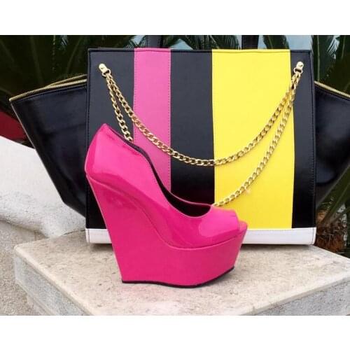 Carpaton Rose Pink Patent Leather Platform Wedge Shoes Women Peep Toe Super High Dress Shoes Sexy Club Wearing Pumps