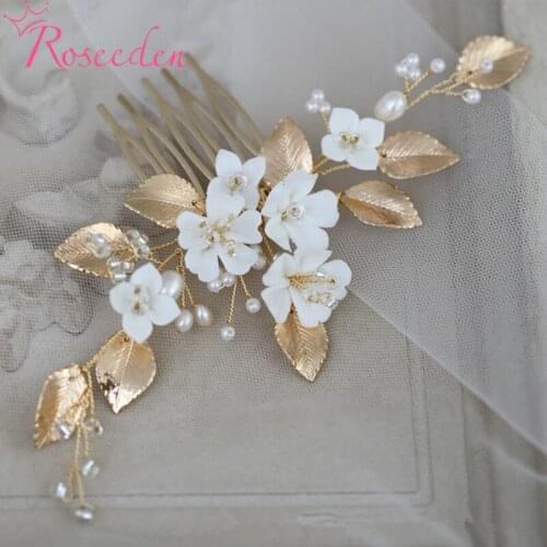 Leaf Fresh Water Pearls Bridal Hair Combs Women Gold Bride Headpiece Party Jewelry Wedding Hair Accessories RE4187