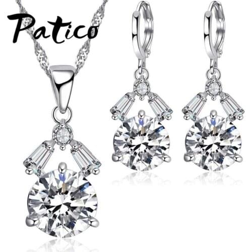Gorgeous Halo Clear CZ Crystal Unique Shape 925 Sterling Silver Necklace Earring Jewelry Set for Women Wedding