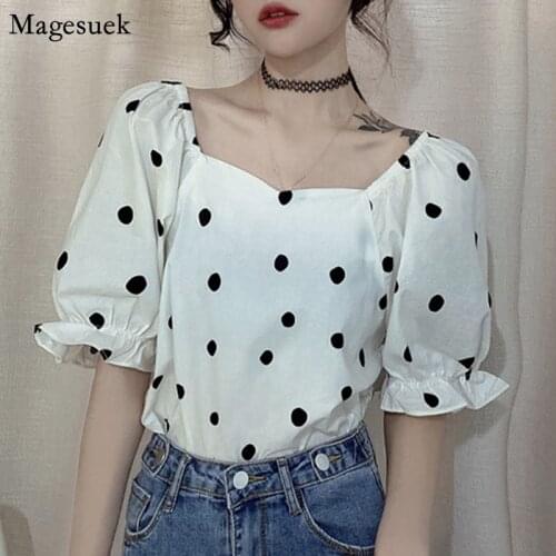 Korean Vintage Polka Dot White Shirt Women 2021 Chic Square Collar Short Sleeve Women Blouses Summer Plus Size Loose Tops 14552