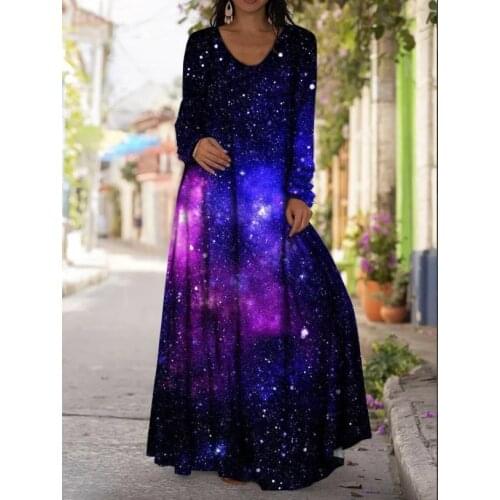 Oversized Long Dress Women Tie-dye gradient 3D starry print long sleeve dress Summer Big Swing Long Maxi Dresses Plus Size 5XL