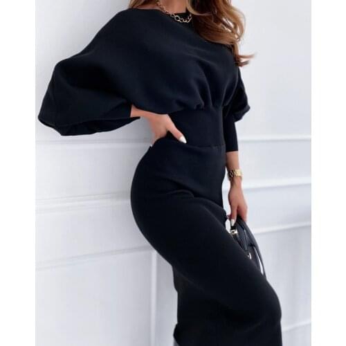BacklakeGirls Sexy Round Neck Lantern Sleeve Cocktail Dress Winter Women Slit Fit Plus Size Bodycon Knitted Party Dress Vestido
