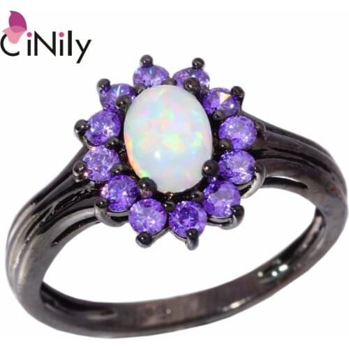 CiNily Created White Fire Opal Purple Zircon Black Gold Color Wholesale Elegant for Women Jewelry Ring Size 6 7 8 OJ8109