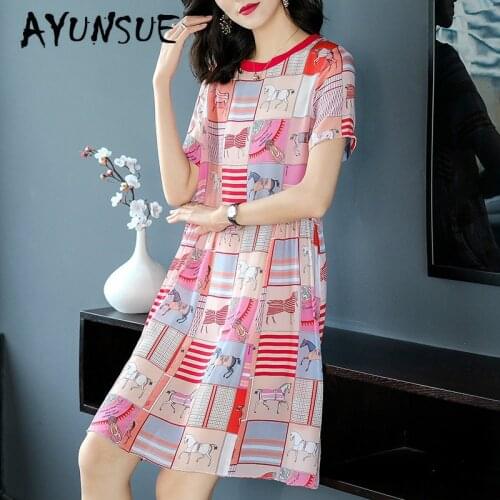 Real Silk Dress Women Summer Dress Korean Print Midi Beach Dress Elegant Party Dresses Woman Vestidos Mujer 19403 YY2713
