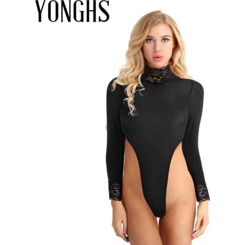 Womens Lingerie Thong Bodysuit Sheer Lingerie Long Sleeve Sex Costume Turtleneck High Cut Tank Thong Leotard Bodysuit Underwear