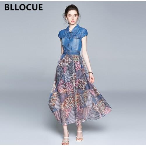 BLLOCUE High Quality Women Runway Dress 2020 New Summer Elegant Short Sleeve Denim Splice Print Dress With Belt