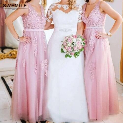 Robe de soirée de mariage Hot Chiffon Lace Bridesmaid Dress 4 layers Double V Neck Wedding Evening Dress 2021 For Women