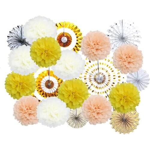 20pcs/set Gold Paper Fan Flower Mixed Color Paper Pompoms Crafts Kids Baptism Birthday Party Wedding Favor Hanging Decoration