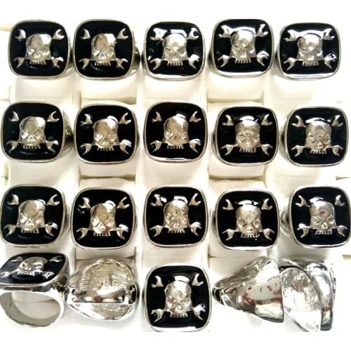 20pcs Mens Big Head 2.2x2.2cm Black Enamel Skull Punk Cool Gothic Ring Man Gift Party Jewelry