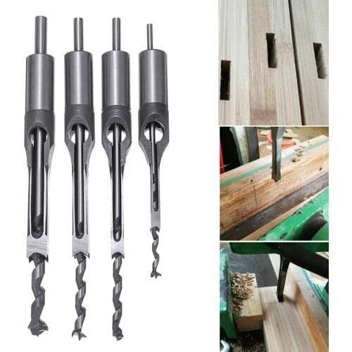 4pcs Square Hole Saw Drill Bit Wood Auger Mortising Chisel Drill Carve Set 1/4" 3/8" 1/2" 5/16" Woodworking Tool