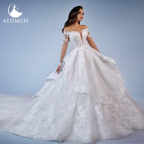 Aedmgh Ball Gown Princess Wedding Dresses 2021 Sweetheart Long Sleeve Bride Dress Lace Appliques Backless Ruffles Bridal Gown