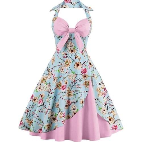 Plus Size Floral Print Women Summer Dress 2019 Halter Backless Sexy Evening Party Dresses Big Swing 1950s Vintage Dress 8 Colors