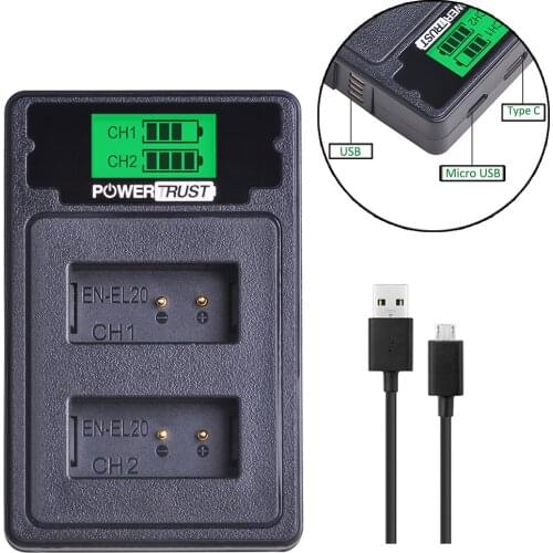Powertrust EN-EL20 EN EL20A LCD USB Dual Charger With USB Cable&Type C Port For Nikon Coolpix P1000 Nikon1 J1, J2, J3 Nikon1 AW1