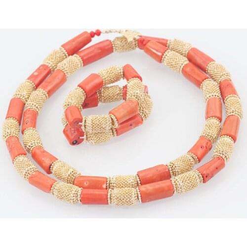 Quality Men Real Coral Bead Jewelry Set 50 inches Long Coral Necklace Bracelet for Groom Dubai Wedding Gold Jewelry CNR600