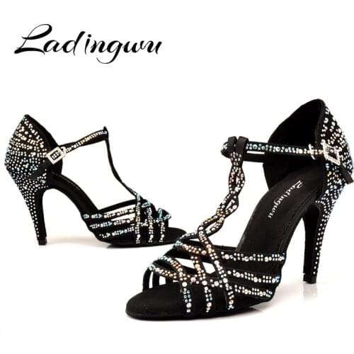 Ladingwu Dance Shoes Salsa Women Black Apricot Silk satin Latin Dance Shoes Shine Rhinestone Ballroom Shoes Dance Soft Bottom