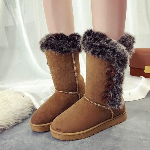 Fur Brown Winter High Top Women Winter Mid-calf Boots Round Toe Short Plush Flock Female Button Winter Snow Boots