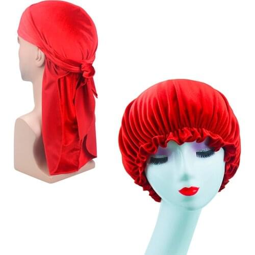 Fashion Mens velvet Durag Bandana Headwear Pure color Wide Doo Rag Bonnet Cap Comfortable velvet Sleeping Hat Couple 2 pieces