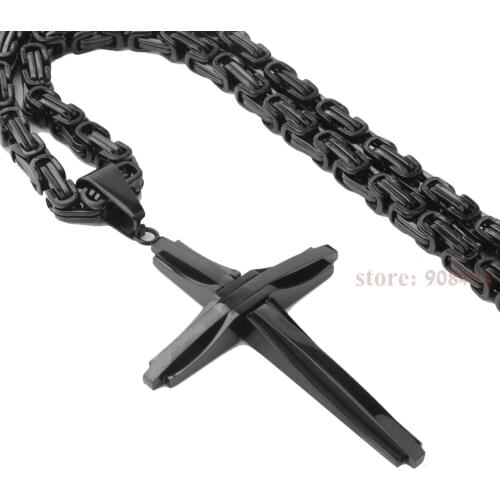 Mens Religious Hot Sell Black Stainless Steel Cross Pendant Chain Necklace 18"-40"