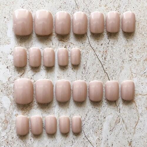 24pcs/set Nail Art Sticker Ins Fashion Nude Color Fake Nails for Women Short Full Cover Traceless Nail Patches with Glue MH88